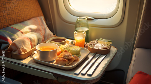 Flight charm  close-up of the seat and tray table with food on the plane. In the style of hygge