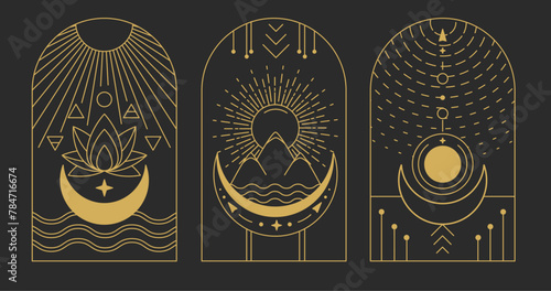 Set of Modern magic witchcraft cards with Four elements and lotus. Line art occult vector illustration