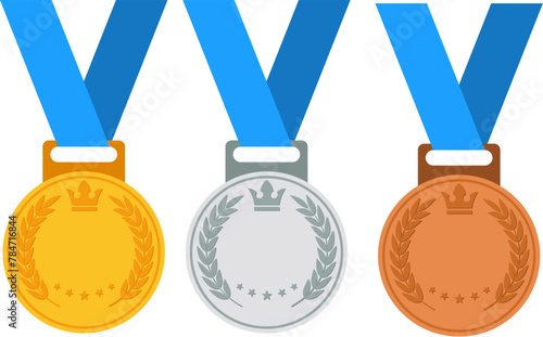 vector set of gold, silver and bronze medals with blue ribbons