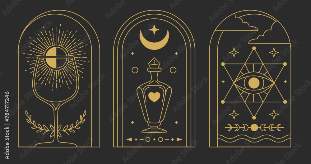 Obraz premium Set of Modern magic witchcraft cards with wine glass, all seeing eye and bottle. Line art occult vector illustration