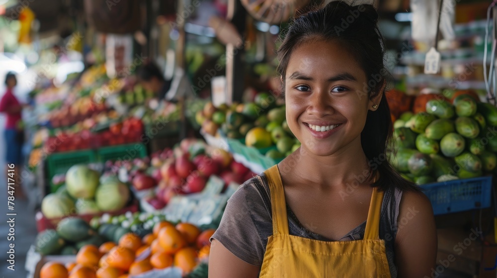 young woman shopping at a fruit and vegetable market generative ai