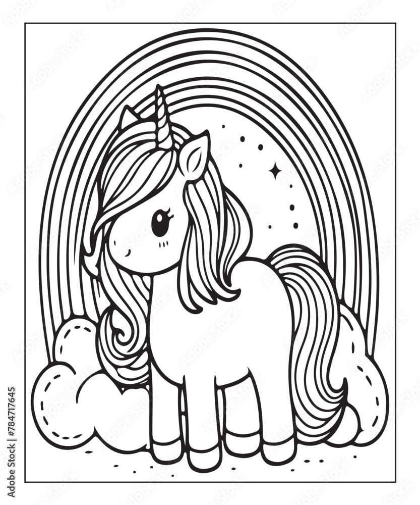 Fototapeta premium Cute unicorn with rainbow. black and white vector illustration for coloring book, Generative AI