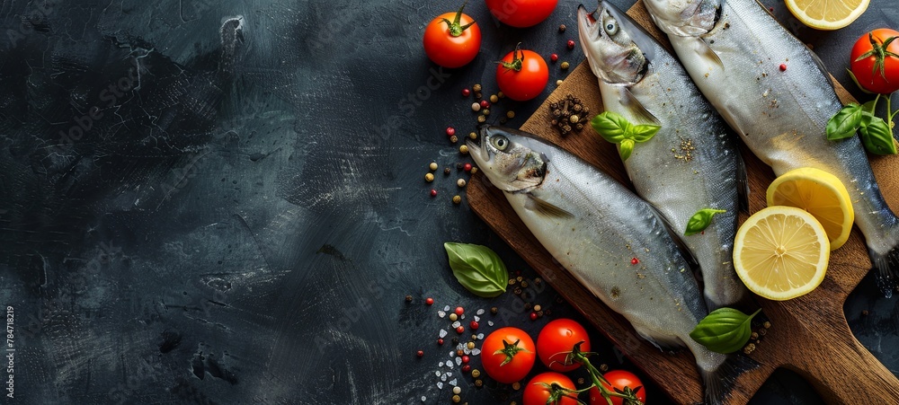Fresh fish with lemon, vegetables, spices. On a black wooden background. place for text. View from above. generative ai Fresh fish with lemon, vegetables, spices. On a black wooden background. place for text. View from above. generative ai