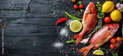 Fresh fish with lemon, vegetables, spices. On a black wooden background. place for text. View from above. generative ai photo