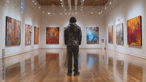 Person Standing in Room With Paintings on Walls