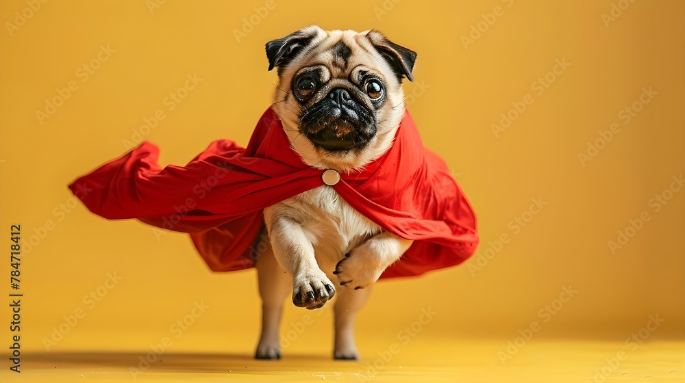 Superpug's Bold Leap Against a Sunny Backdrop. Concept Pets, Pugs, Photography, Outdoor, Action Shot