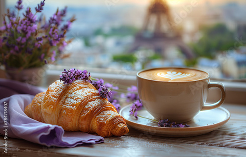 A cup of aromatic coffee with a croissant and lavender flowers against the backdrop of the Eiffel Tower
