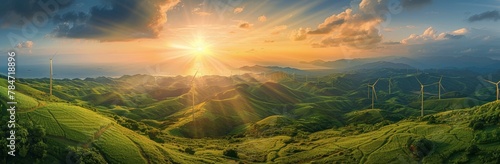 A Painting of a Sunset With Wind Mills