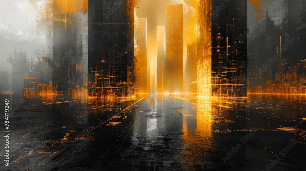 A striking blend of city chaos and natural tranquility depicted through holographic digital elements against an abstract charcoal and yellow background. A striking blend of city chaos and natural tranquility depicted through holographic digital elements against an abstract charcoal and yellow background.
