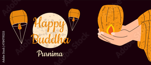 Happy Buddha Purnima banner.  Vesak Day. Celebration in May. Vector illustration.
