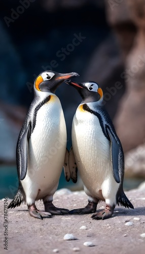  two penguins standing close to each other on a rocky surface