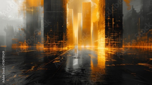 A striking blend of city chaos and natural tranquility depicted through holographic digital elements against an abstract charcoal and yellow background.