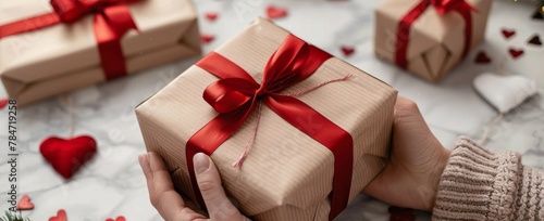 Person Holding Wrapped Gift Box With Red Ribbon