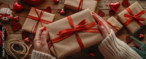 Person Holding Wrapped Gift Box With Red Ribbon