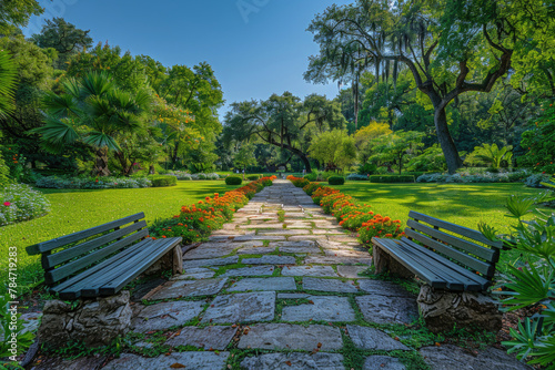 A serene park landscape with a perfect blend of natural foliage and architectural features