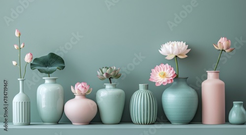 Three Vases With Flowers on Shelf