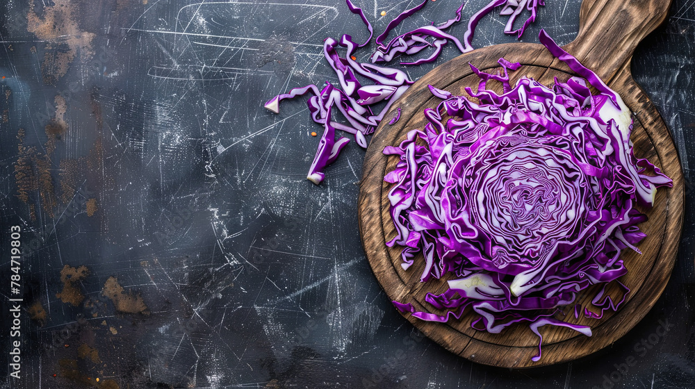 Blue cabbage shredded on a wooden kitchen board, top view