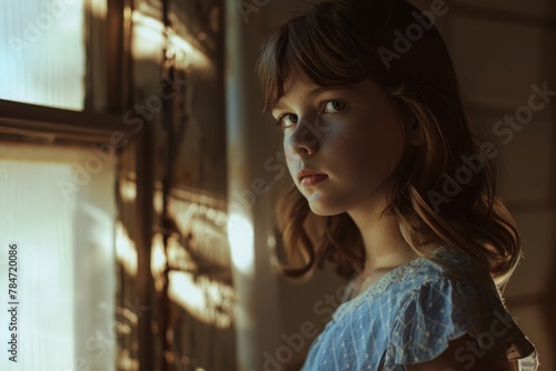 Melancholic young girl in a vintage blue dress, lost in thought by the window during sunset.