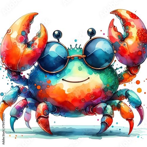 Cartoon Crab: Abstract Watercolor Painting with Colorful Details and Sunglasses, Perfect for T-shirt Prints or High-Quality Wall Art. photo