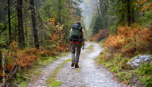 Lone hiker walking through a path deep in the forest, Hiker walking on trail hike path in forest of pine trees. Canada travel adventure man tourist trekking in outdoors nature.