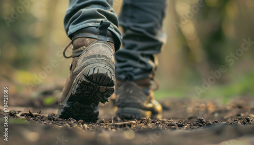 Journey to the Summit. Close-up shot of leather hiking boots trekking in a rocky trail in forest, showcasing the rugged terrain and the perseverance and determination of the hiker. 