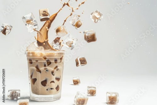Cold coffee. Latte, cappuccino. Taiwan milk bubble tea.. cold drink. Thailand. Vietnam. Splash, pour a drink. Ice cubes