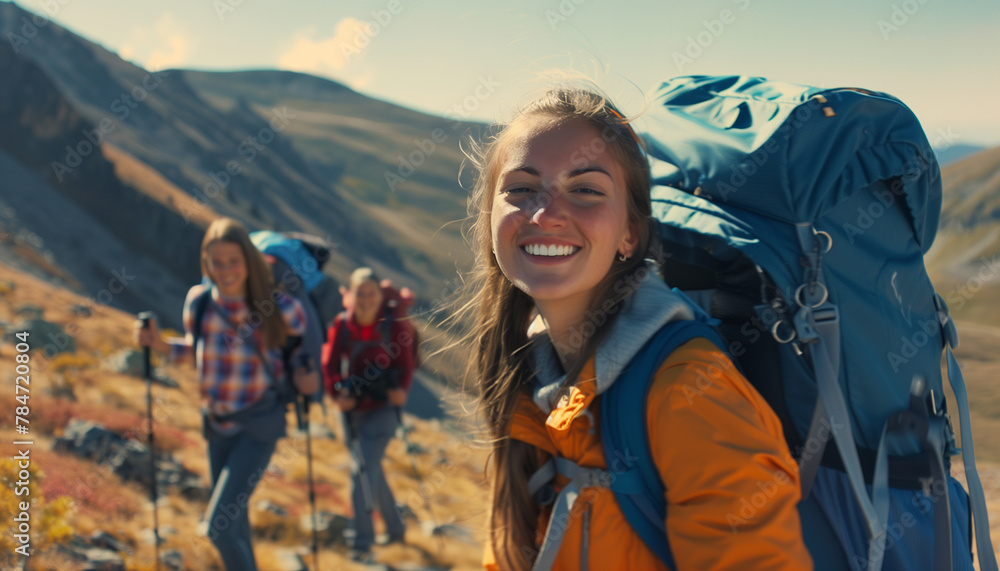 Portrait of smiling teen blonde girl posing on mountain with her friends in background. Happy teenager hiking with friends in summer. Happy friends in mountains at weekend concept.