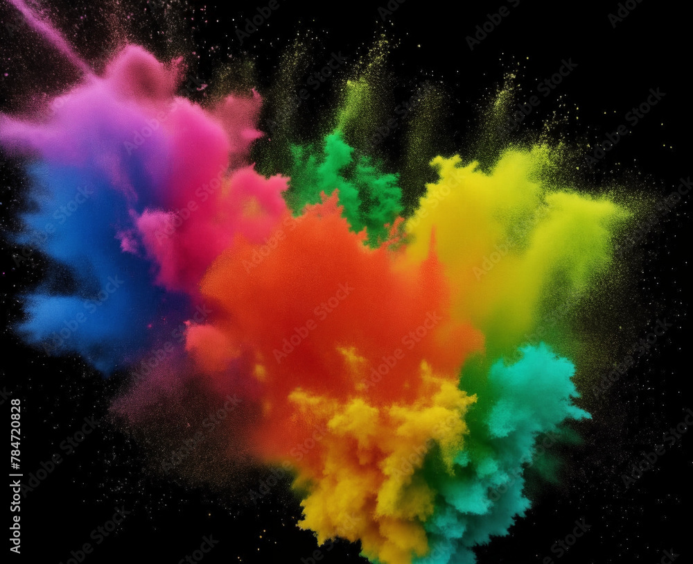 an explosion of multi-coloured powder paint . Closeup of colorful dust particles splattered isolated on black background.