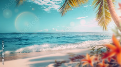 Tropical beach landscape with palm trees, seashells and starfish on the sand, with ocean views in the background