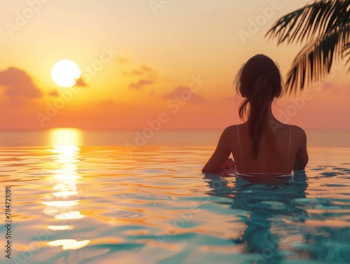 Woman relaxing by the pool at a luxury beach resort hotel at sunset. © Andrei