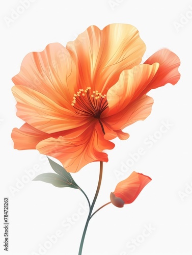  illustration of a vibrant orange hibiscus flower with lush green leaves