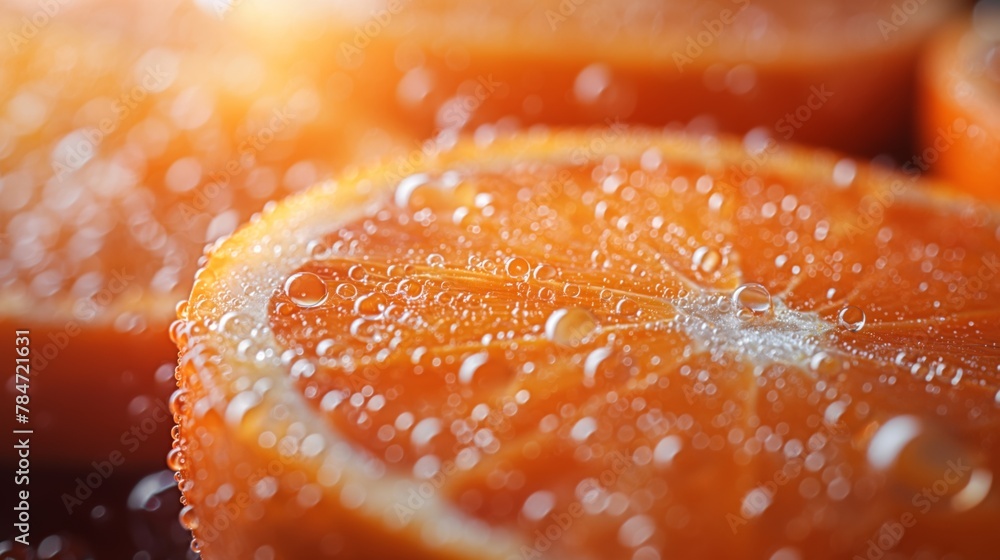 A close-up of a wet orange with water droplets emphasizing its freshness and juiciness A close-up of a wet orange with water droplets emphasizing its freshness and juiciness