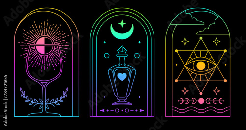 Set of Modern magic fluorescent witchcraft cards with wine glass, all seeing eye and bottle. Line art occult vector illustration