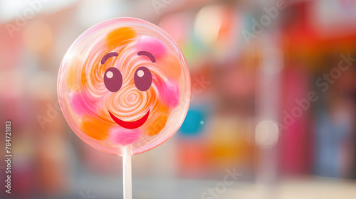 Close-up of a plastic lollipop with a whimsical character face, set against a soft, blurred background Ai Generative