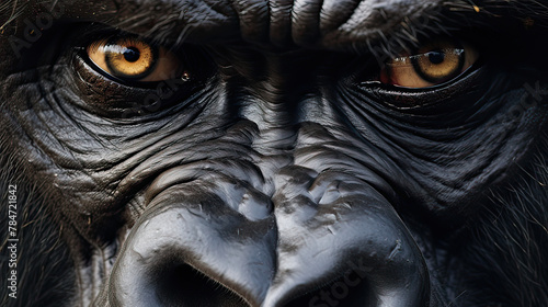Close-up of a gorilla's face, highlighting its expressive eyes and thoughtful expression background Ai Generative