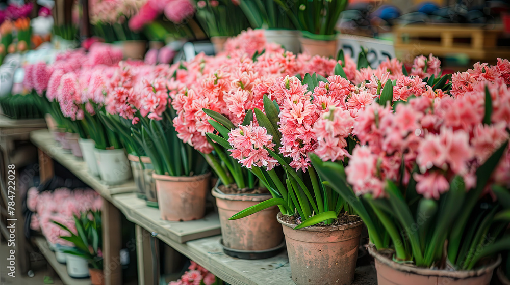 Blooming pink hyacinths in a pot for sale at the bazaar