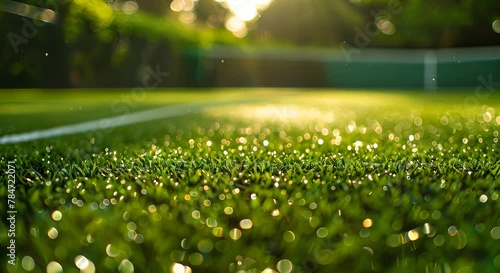 Close-up pista de tenis de hierba, césped recién cortado en una cancha de tenis antes de un torneo photo