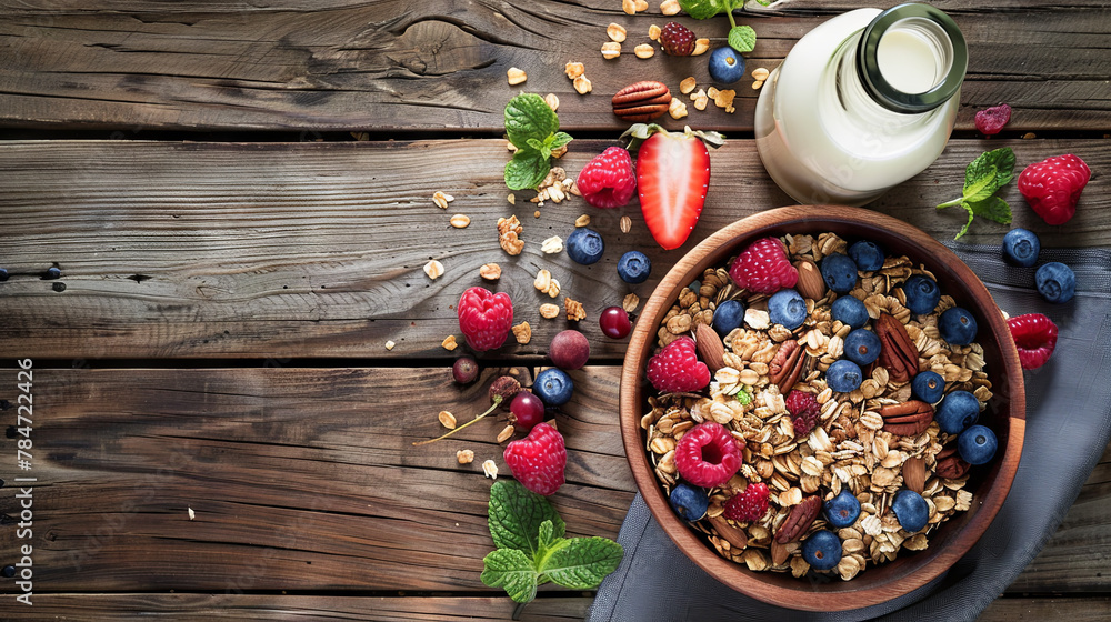 Bowl of delicious oat granola with berries and milk on a wooden surface, top view
Bowl of delicious oat granola with berries and milk on a wooden surface, top view