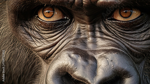 Close-up of a gorilla's face, highlighting its expressive eyes and thoughtful expression background Ai Generative