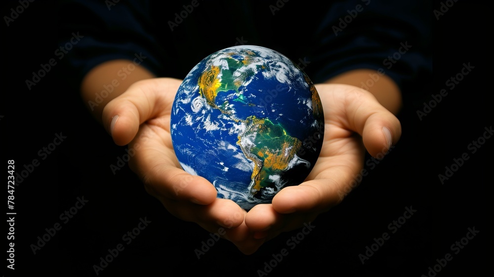 Person holds small globe between their hands. Person holds small globe between their hands.