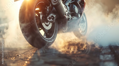 biker staying on bike on road with smoke of the tire, burn out in the moto show photo