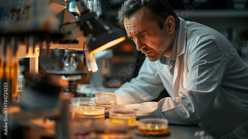 Male scientist with microscope in laboratory working with viruses. Studying microbes viruses and microorganisms