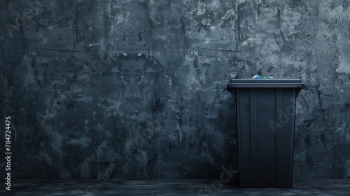 Empty trash bin on the dark grey concrete wall background. AI generated image