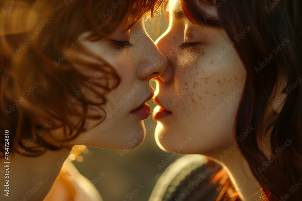 Close-up of two women kissing, a moment between friends Close-up of two women kissing, a moment between friends