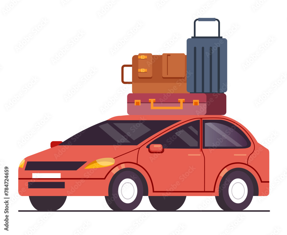 Naklejka premium Car with bags on roof vacation trip. Vector flat cartoon graphic design illustration