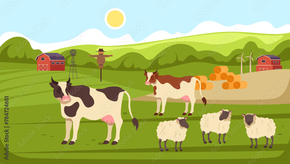 Farm animals grazing in the pasture concept. Vector flat graphic design illustration Farm animals grazing in the pasture concept. Vector flat graphic design illustration