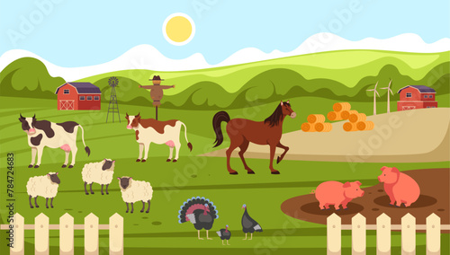 Farm animals grazing in the pasture concept. Vector flat graphic design illustration
