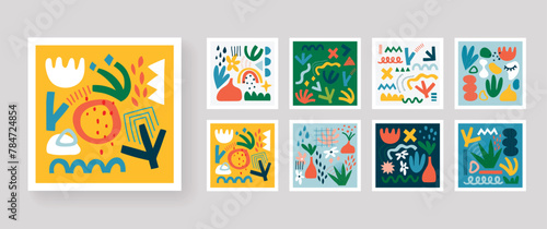 Abstract design poster set, trendy graphic cards with geometric elements, hand drawn collection.