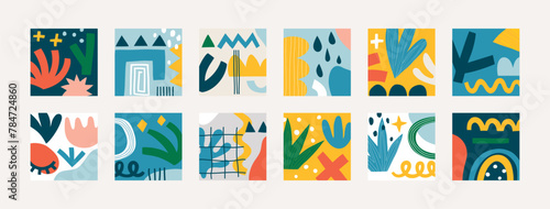 Abstract design poster set  trendy graphic cards with geometric elements  hand drawn collection.