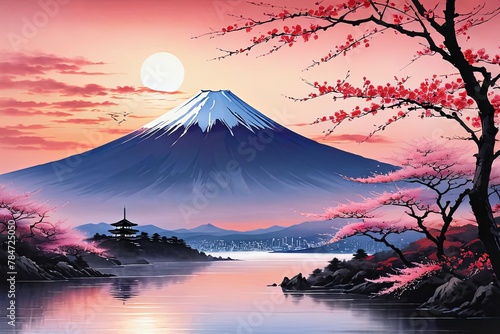 Mount Fuji majestically rising in background  framed by delicate cherry blossoms in full bloom  capturing essence of Japans natural beauty  cultural significance. For art  fashion  style  magazines.